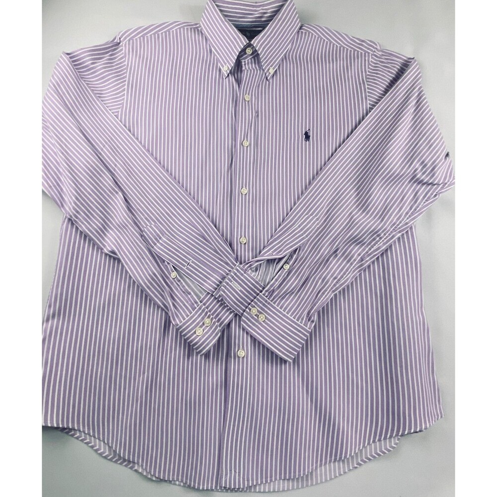 Ralph Lauren Mens Custom Fit Purple White Stripe Button Down Long Sleeve Shirt L